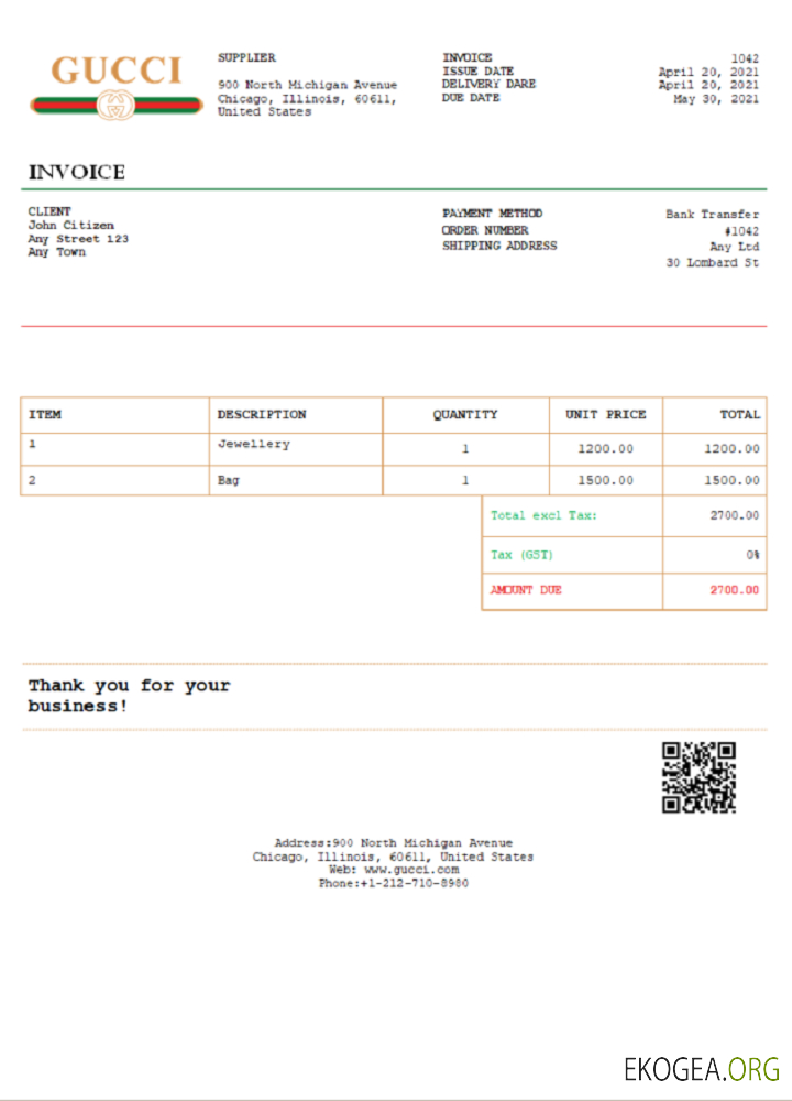 Modèle de facture Gucci aux États , Unis